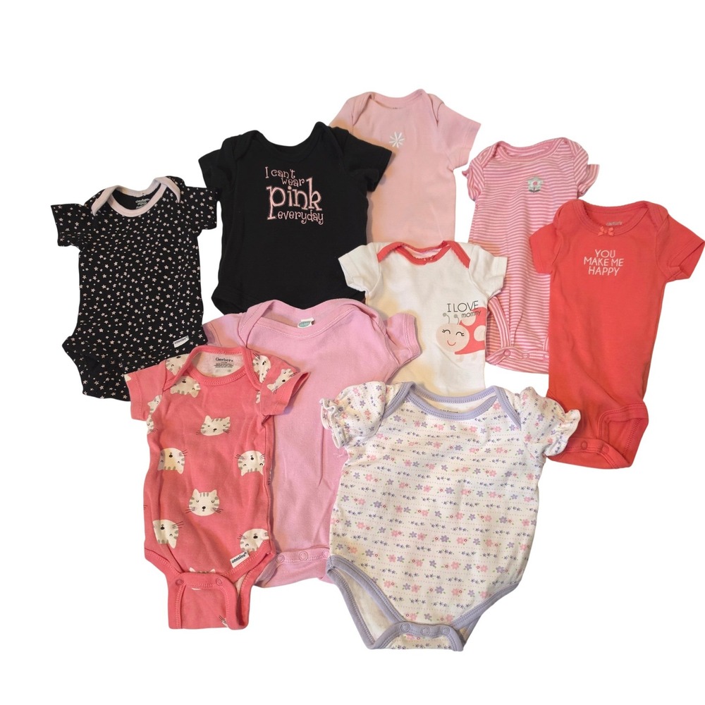Mixed Lot of 9 Onesies and Bodysuits  Pink Orange Black NB-3Ms‎